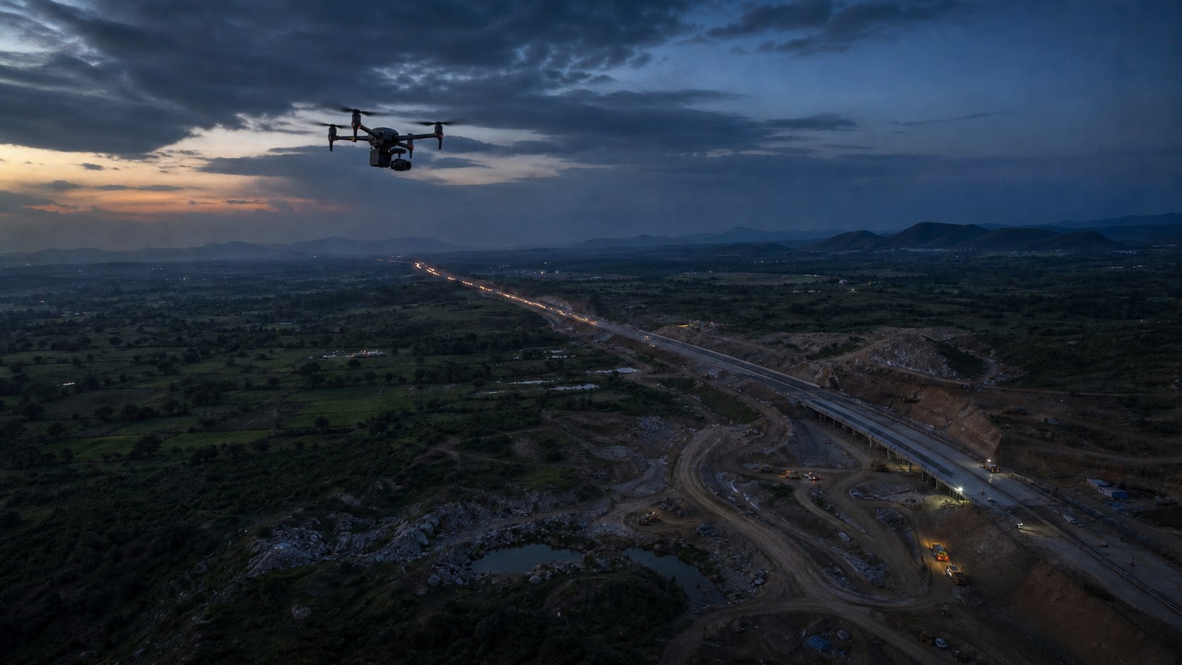 Drone surveying an infrastructure corridor at blue hour